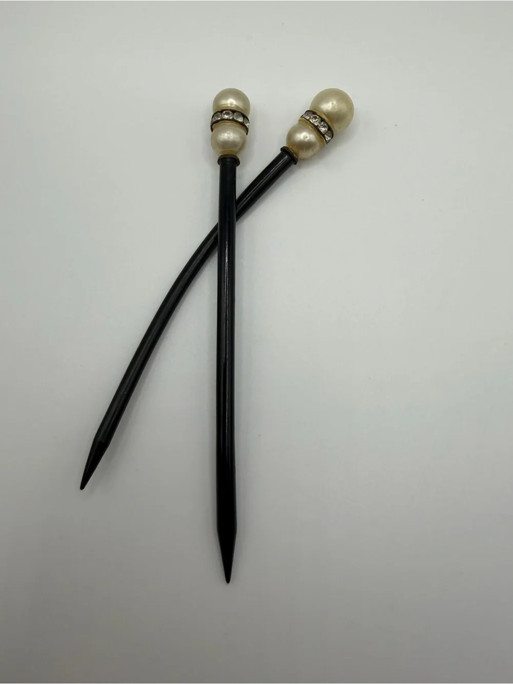 2 Vtg Art Deco Hair Stick French Black Celluloid Faux Pearl Rhinestone Bun Pin